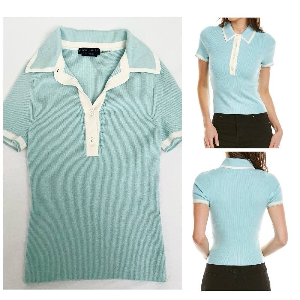 alice + olivia Pia Ribbed Knit Contrast Trim Button-Down Wool-Blend Polo Sweater